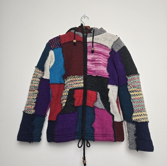 SHOPOHOLIC FASHION Hoodie Jacket Mens Small Knitted  Multicoloured Wool Patch - Picture 6 of 16